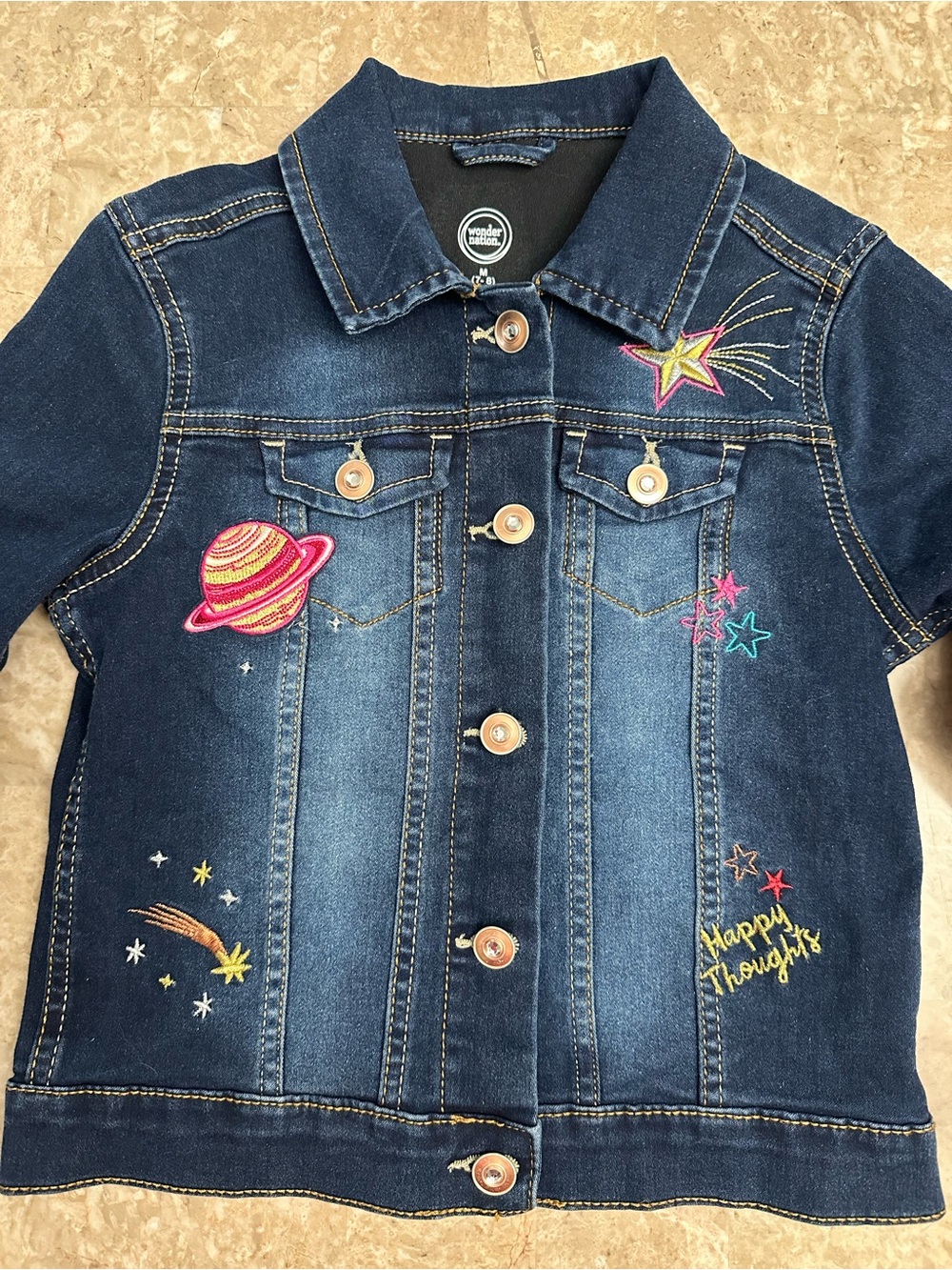 wonder nation Dark Blue Denim Jacket with Colorful Space Embroidery
